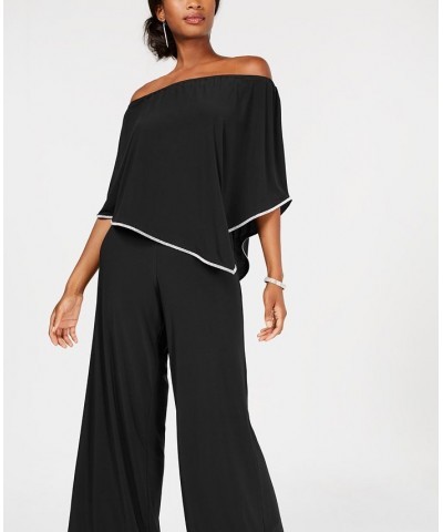 Off-The-Shoulder Overlay Jumpsuit Black/Silver $44.50 Pants