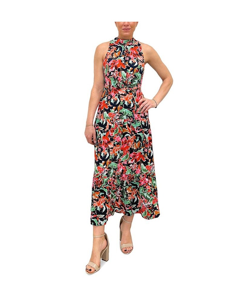 Women's High-Neck Tiered-Skirt Dress Navy Multi $48.84 Dresses