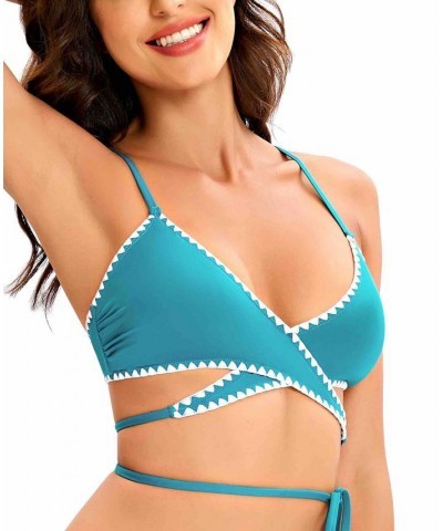 Women's Shell Stitch Wrap Bra Top & Hipster Bottoms Teal $37.84 Swimsuits