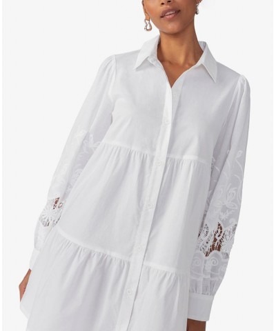 Women's Cotton Cutwork-Long-Sleeve Babydoll Dress White $45.87 Dresses