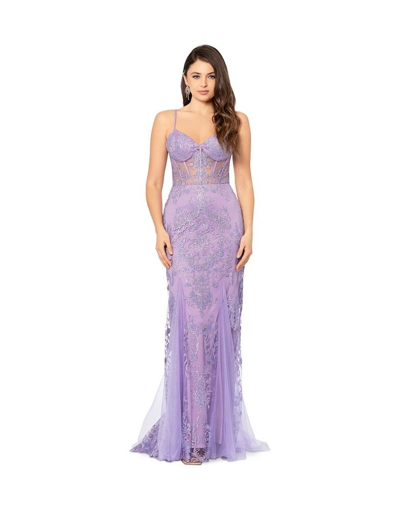 Juniors' Corset-Bodice Glitter-Print Gown Lavender $98.26 Dresses