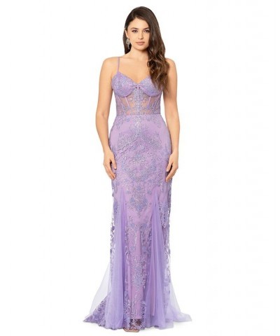 Juniors' Corset-Bodice Glitter-Print Gown Lavender $98.26 Dresses