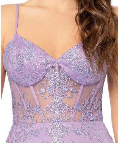 Juniors' Corset-Bodice Glitter-Print Gown Lavender $98.26 Dresses