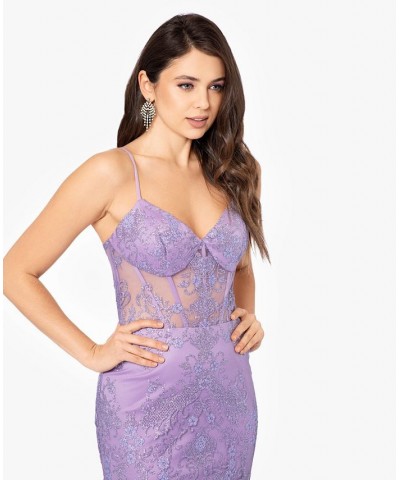 Juniors' Corset-Bodice Glitter-Print Gown Lavender $98.26 Dresses