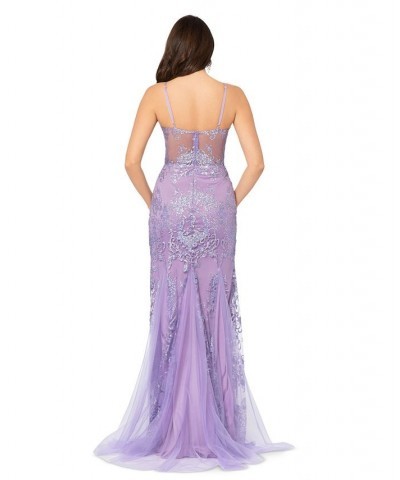 Juniors' Corset-Bodice Glitter-Print Gown Lavender $98.26 Dresses