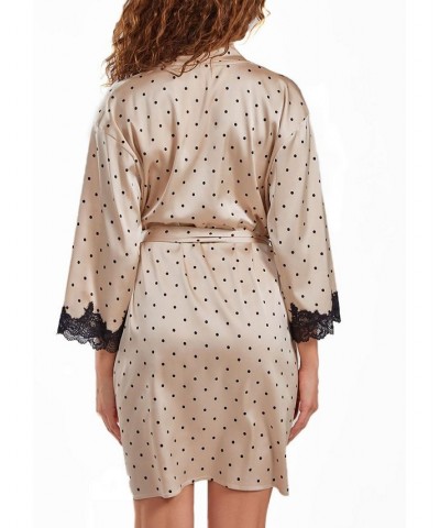 Women's Kareen Dotted Satin Robe with Lace Trimmed Sleeves and Self Tie Sash Beige $33.17 Sleepwear