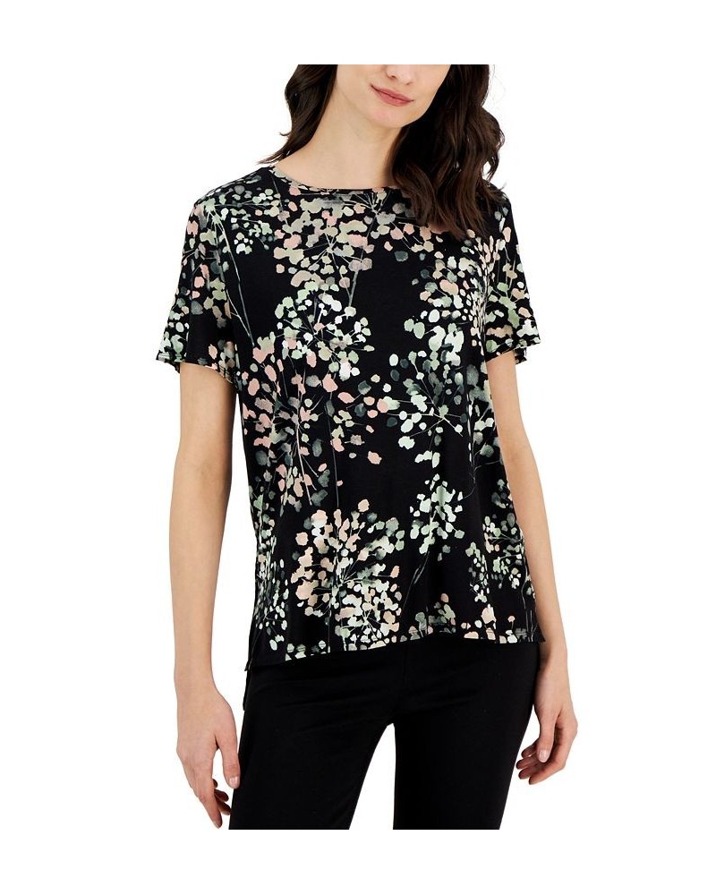 Women's Printed Crewneck T-Shirt Black Floral $16.51 Tops