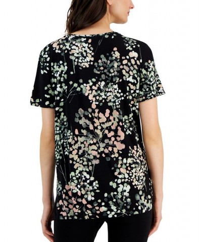 Women's Printed Crewneck T-Shirt Black Floral $16.51 Tops