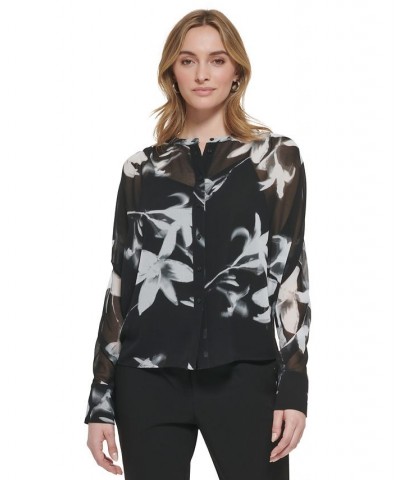 Long Sleeve Printed Chiffon Button Front Blouse Black/White Multi $43.78 Tops