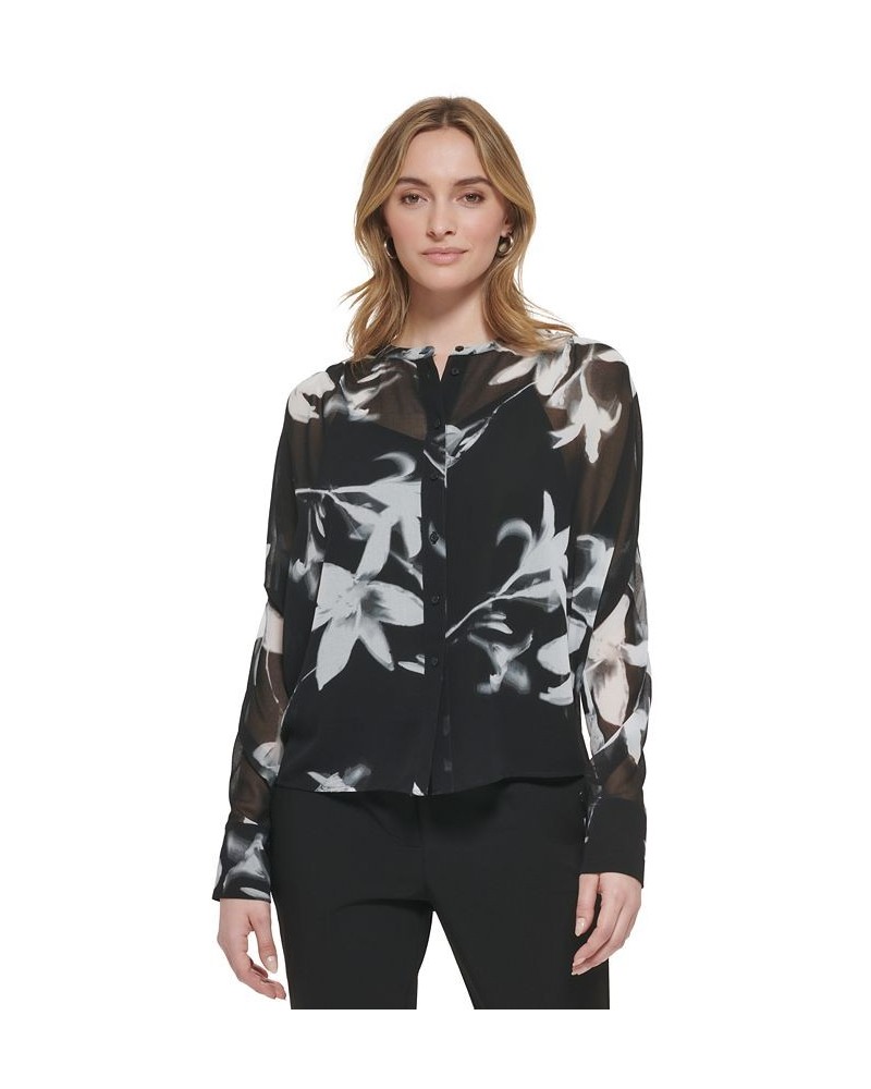 Long Sleeve Printed Chiffon Button Front Blouse Black/White Multi $43.78 Tops