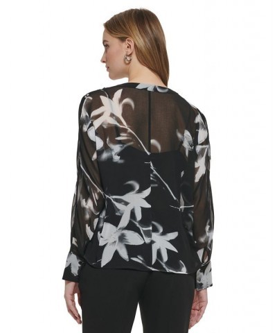 Long Sleeve Printed Chiffon Button Front Blouse Black/White Multi $43.78 Tops