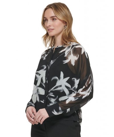 Long Sleeve Printed Chiffon Button Front Blouse Black/White Multi $43.78 Tops