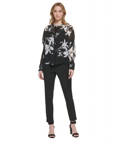 Long Sleeve Printed Chiffon Button Front Blouse Black/White Multi $43.78 Tops