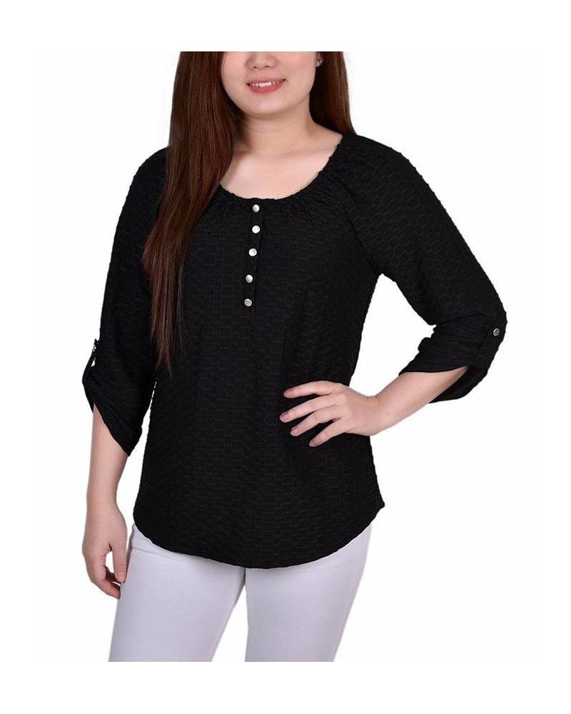 Petite 3/4 Sleeve Honeycomb Henley Top Black $12.54 Tops