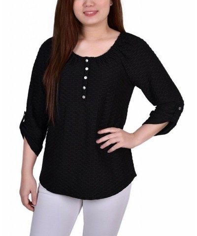 Petite 3/4 Sleeve Honeycomb Henley Top Black $12.54 Tops