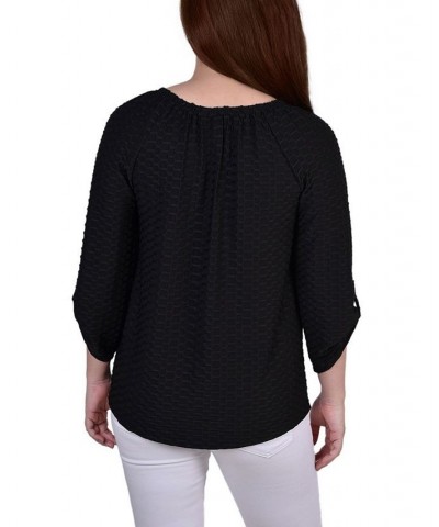 Petite 3/4 Sleeve Honeycomb Henley Top Black $12.54 Tops