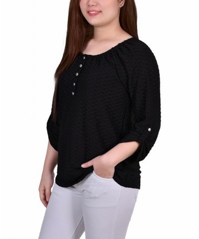 Petite 3/4 Sleeve Honeycomb Henley Top Black $12.54 Tops