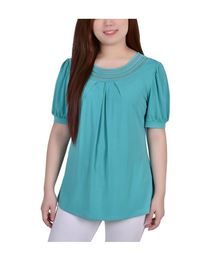 Petite Short Puff Sleeve Mesh Inset Top Blue $14.10 Tops