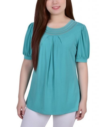 Petite Short Puff Sleeve Mesh Inset Top Blue $14.10 Tops