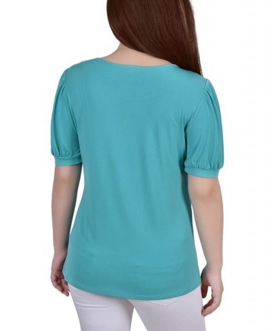 Petite Short Puff Sleeve Mesh Inset Top Blue $14.10 Tops