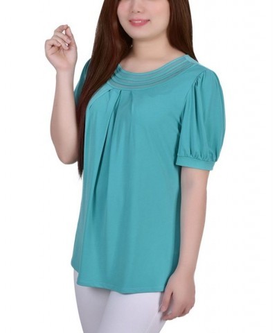 Petite Short Puff Sleeve Mesh Inset Top Blue $14.10 Tops