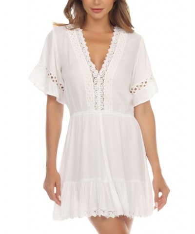 Women's V-Neck Short-Sleeve Lace-Trim Dress Cover-Up White $26.24 Swimsuits