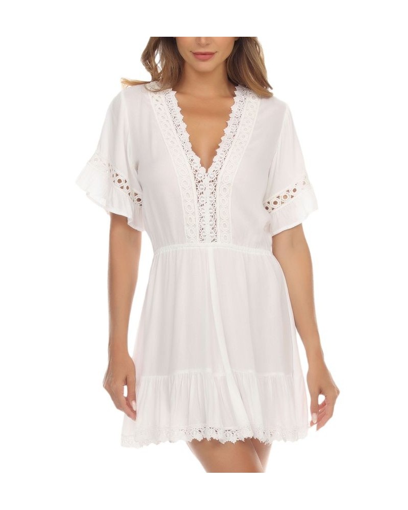 Women's V-Neck Short-Sleeve Lace-Trim Dress Cover-Up White $26.24 Swimsuits