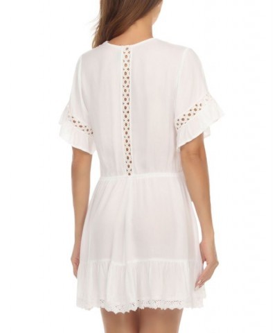 Women's V-Neck Short-Sleeve Lace-Trim Dress Cover-Up White $26.24 Swimsuits