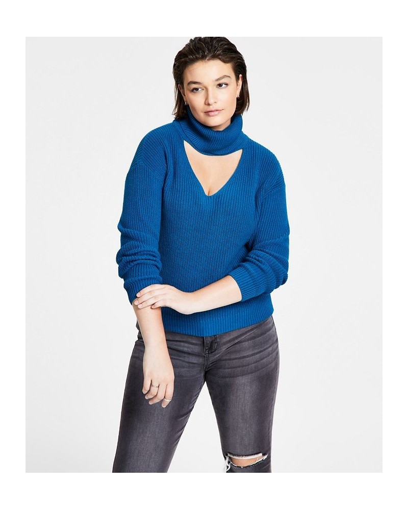 Women's Cutout-Detail Turtleneck Sweater Aqua Lake $13.08 Sweaters