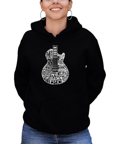 Women's Word Art Rock Guitar Head Hooded Sweatshirt Black $35.99 Sweatshirts