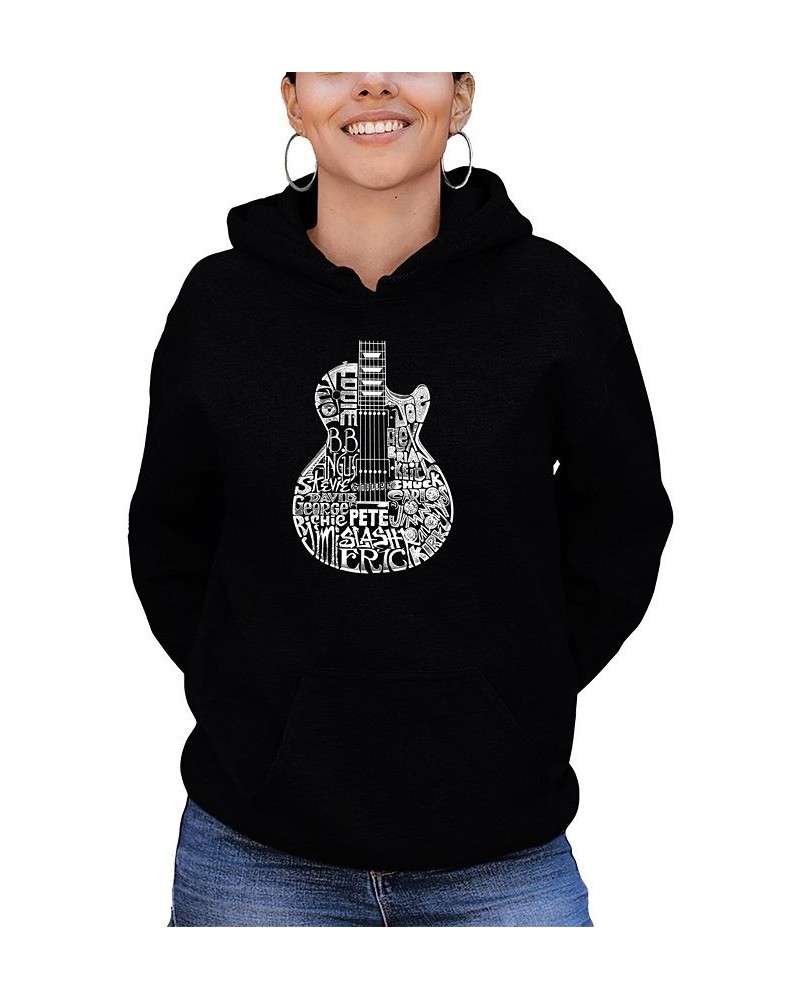 Women's Word Art Rock Guitar Head Hooded Sweatshirt Black $35.99 Sweatshirts