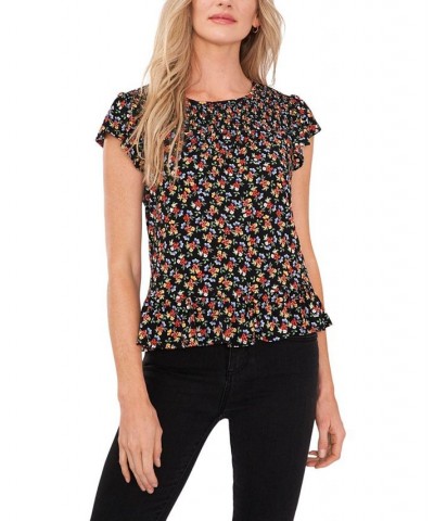 Women's Smocked Knit Top with Flounce Black $40.94 Tops