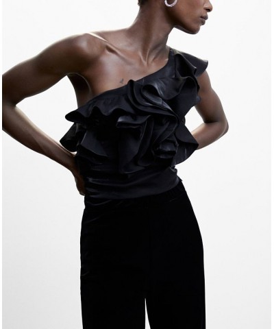 Women's Asymmetric Ruffled Blouse Black $49.49 Tops