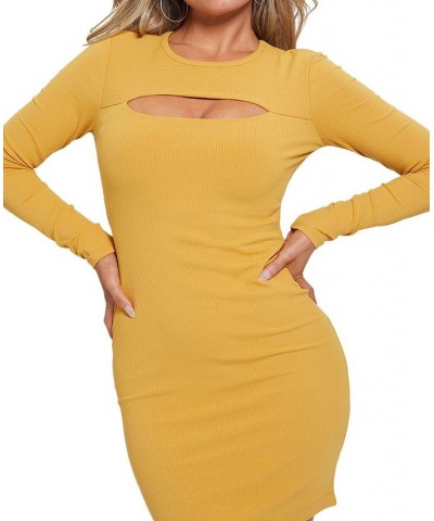Women's Long-Sleeve Cut-Out Fitted Bodycon Dress Yellow $38.15 Dresses
