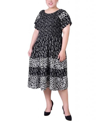 Plus Size Short Sleeve Smocked Combo Print Dress Black White Floral Animal $16.66 Dresses