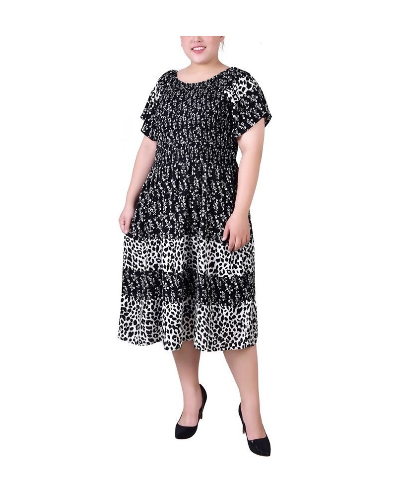 Plus Size Short Sleeve Smocked Combo Print Dress Black White Floral Animal $16.66 Dresses