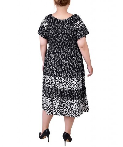 Plus Size Short Sleeve Smocked Combo Print Dress Black White Floral Animal $16.66 Dresses