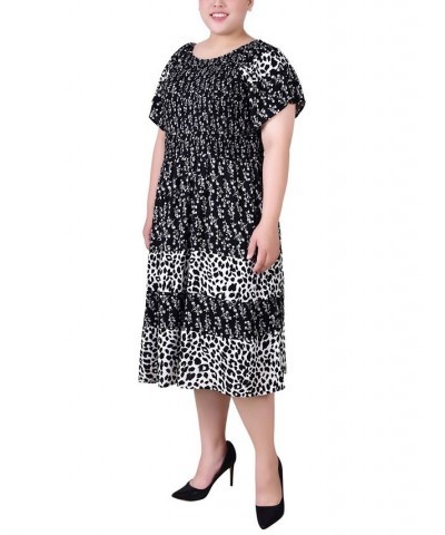 Plus Size Short Sleeve Smocked Combo Print Dress Black White Floral Animal $16.66 Dresses