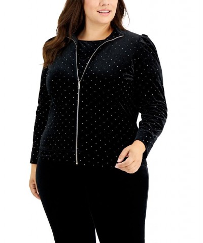 Plus Size Dew Drop Velour Puff Sleeve Zip Up Anne Black/ Gold $22.17 Sweaters