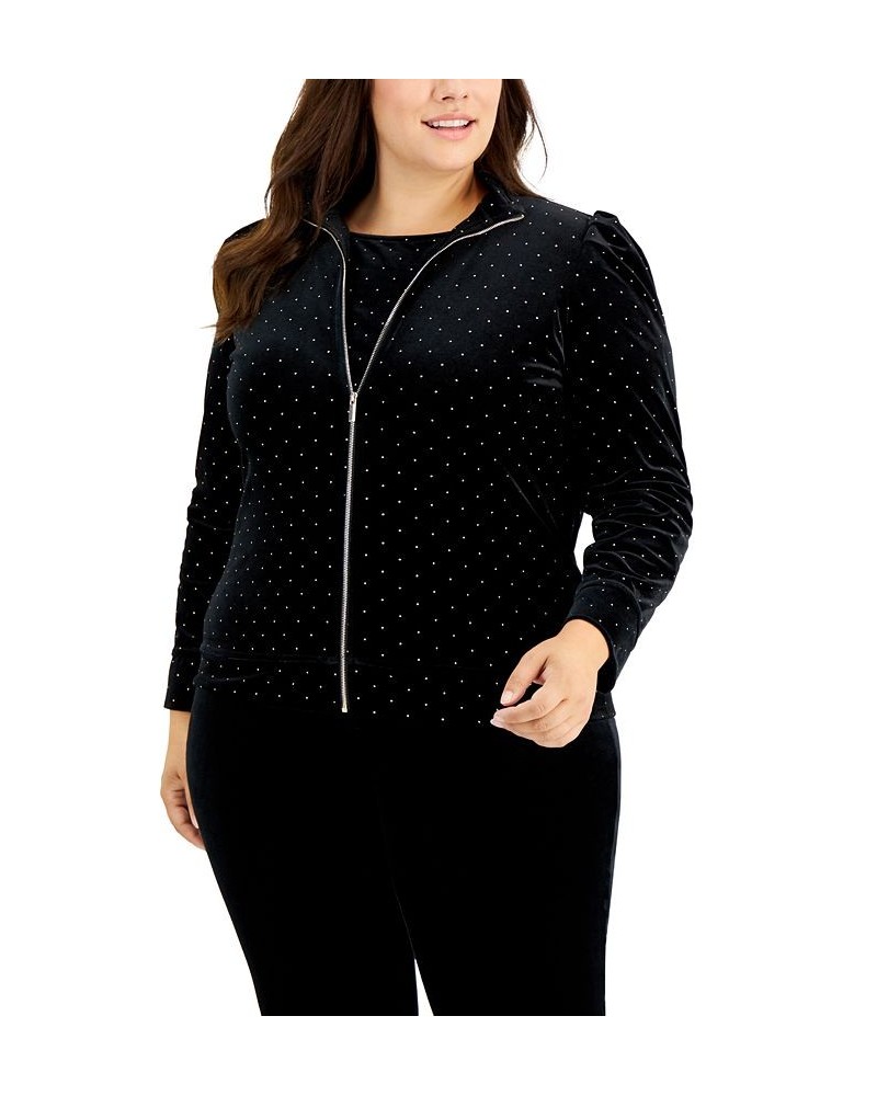 Plus Size Dew Drop Velour Puff Sleeve Zip Up Anne Black/ Gold $22.17 Sweaters