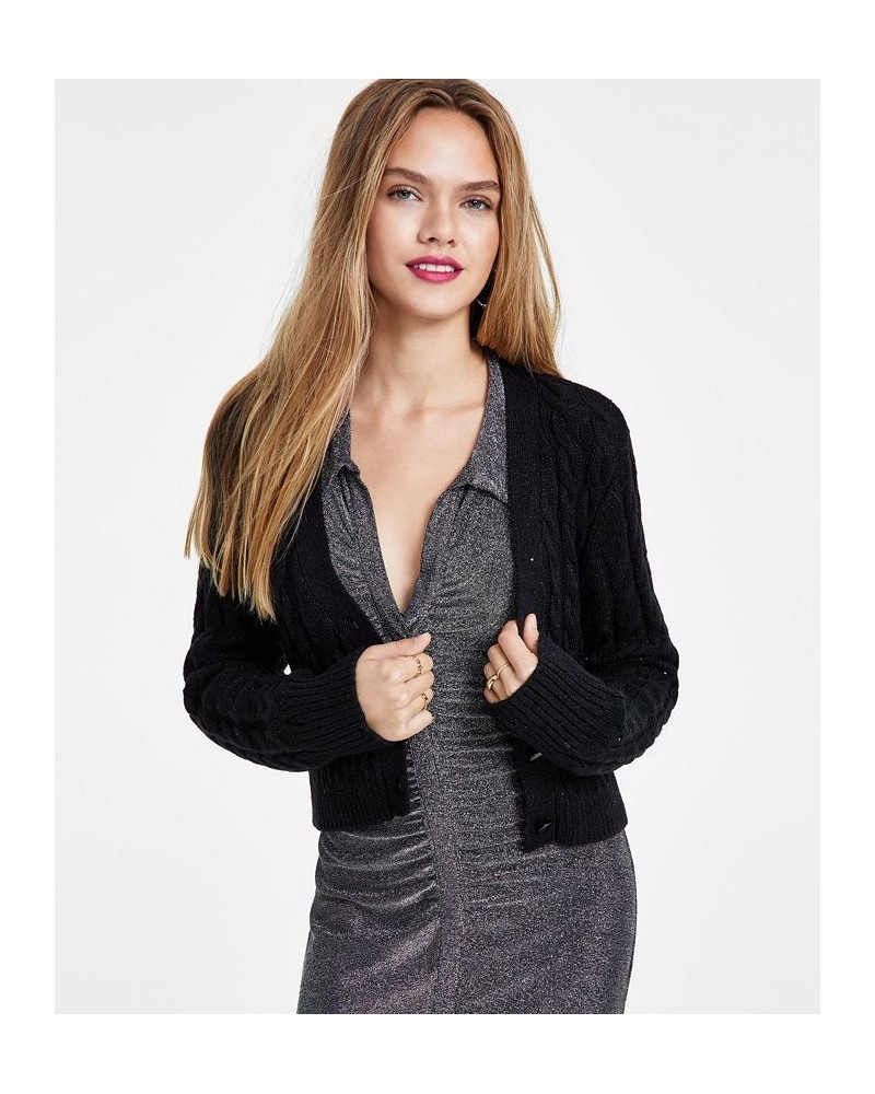 Women's Glitter Cable Knit Button-Front Cardigan Black $20.70 Sweaters