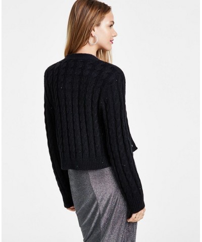 Women's Glitter Cable Knit Button-Front Cardigan Black $20.70 Sweaters