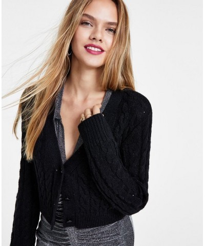 Women's Glitter Cable Knit Button-Front Cardigan Black $20.70 Sweaters