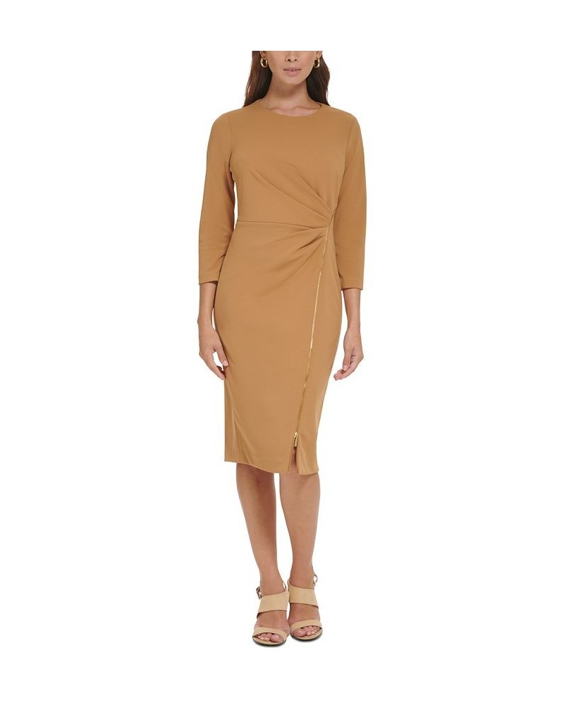 Women's Zip-Detail Scuba Crepe Bodycon Dress Brown $57.60 Dresses