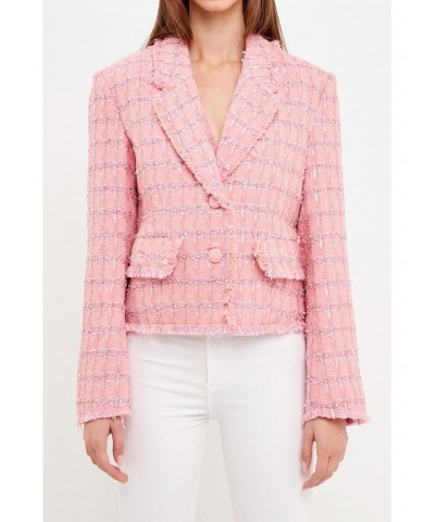 Women's Tweed Fringed Fitted Blazer Pink $68.40 Jackets