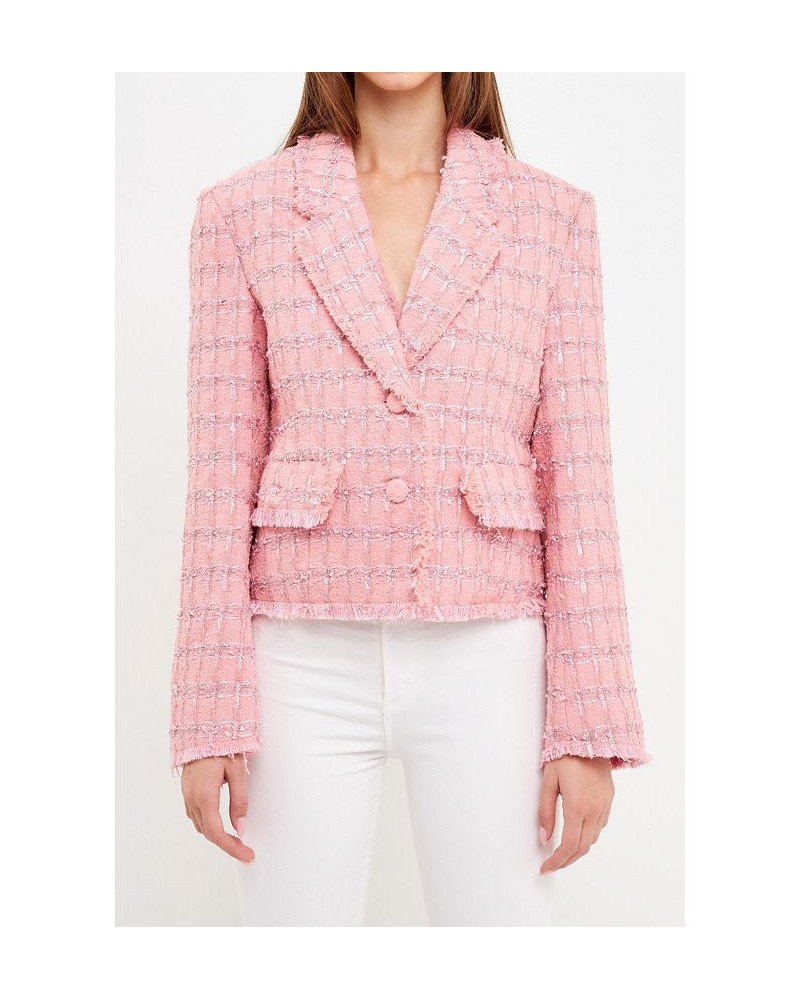 Women's Tweed Fringed Fitted Blazer Pink $68.40 Jackets