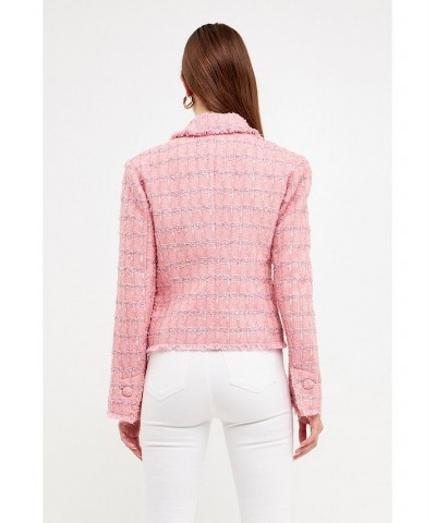 Women's Tweed Fringed Fitted Blazer Pink $68.40 Jackets