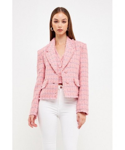 Women's Tweed Fringed Fitted Blazer Pink $68.40 Jackets