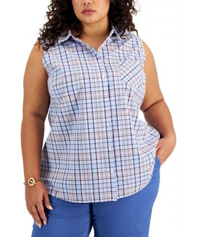 Plus Size Cotton Plaid-Print Shirt Blue Multi $30.55 Tops