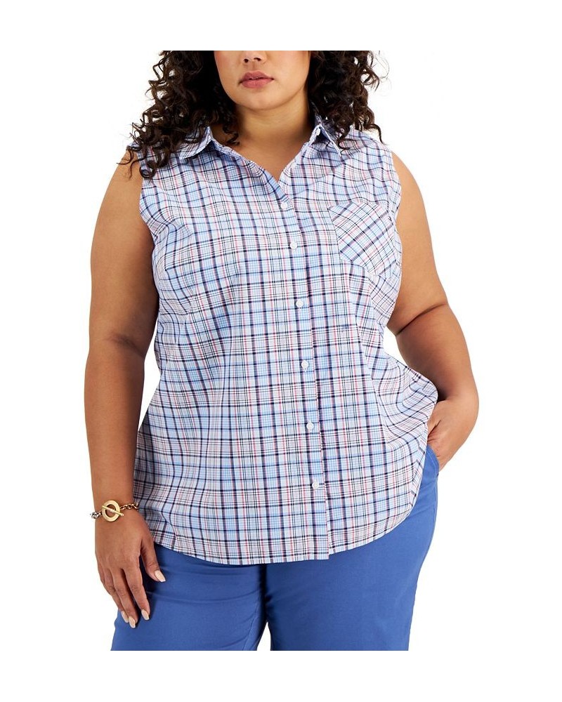 Plus Size Cotton Plaid-Print Shirt Blue Multi $30.55 Tops